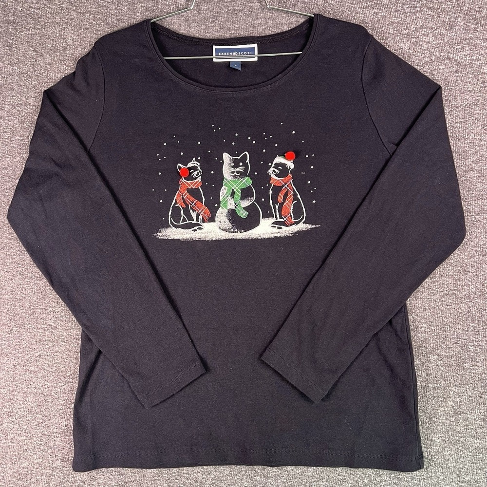 Karen Scott Christmas Cat Blouse Shirt Women L Black Snowman Holiday Long Sleeve